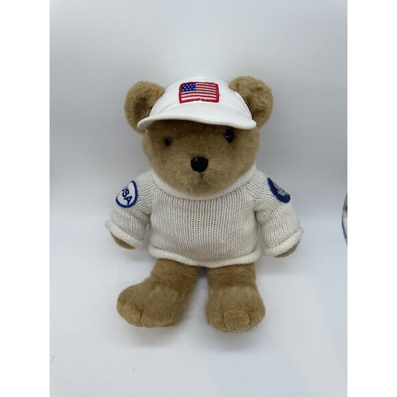 Patriotic Teddy Bear Plush 16” Knit Sweater Stuff Associates Peace Dove Patches - Picture 6 of 7